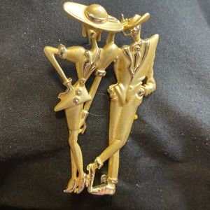 Pompous 40’s couple mane and woman night out brooch gold toned pin
